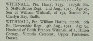 Harry's CWGC entry, showing he was from Cheslyn Hay and the son of William. Ironically, the only William Withnall killed in the War is the entry below. (Commonwealth War Graves Commission)