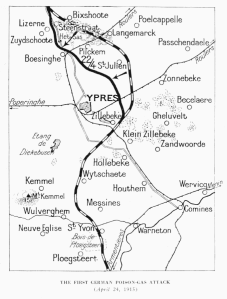 The Ypres salient and the villages of Wulverghem and Messines, when Harry was present in early 1915.  (Project Gutenberg)
